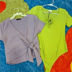 Green Bodysuit and Purple Tie-Front Top Bundle